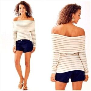 Lilly Pulitzer Tan Ivory Coastal Shell Striped Christin Off The Shoulder Sweater